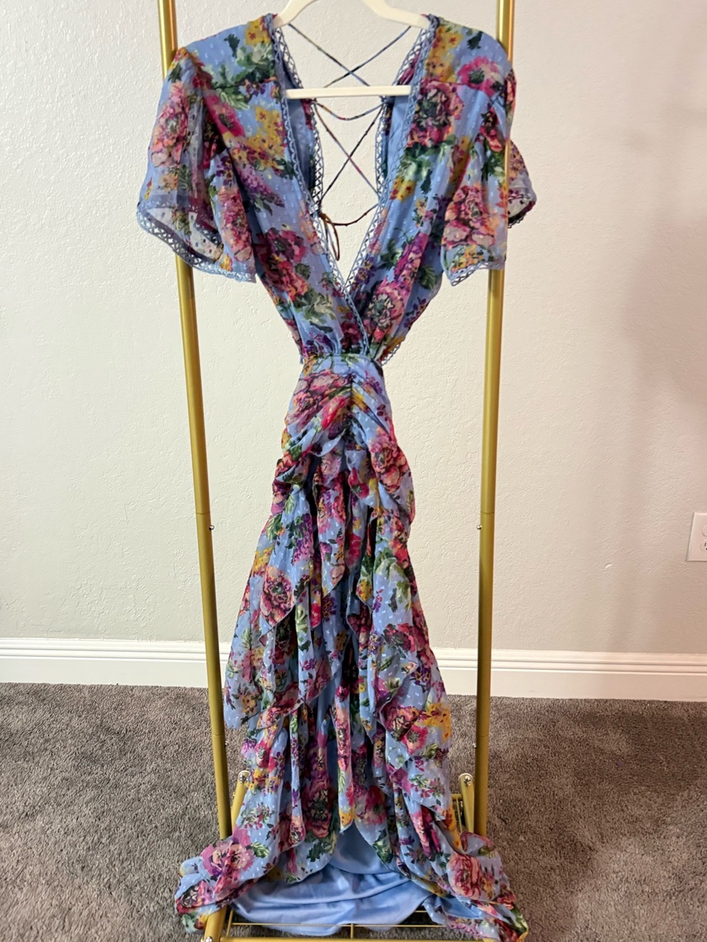 NWT Boohoo Petite Floral Dobby Mesh Cut Out Maxi Dress Blue US 10